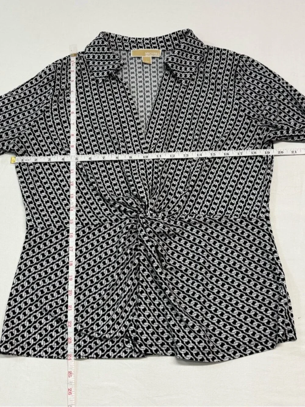 Michael Kors Black & White Chain Link Print Twist Front Long Sleeve Blouse L 566